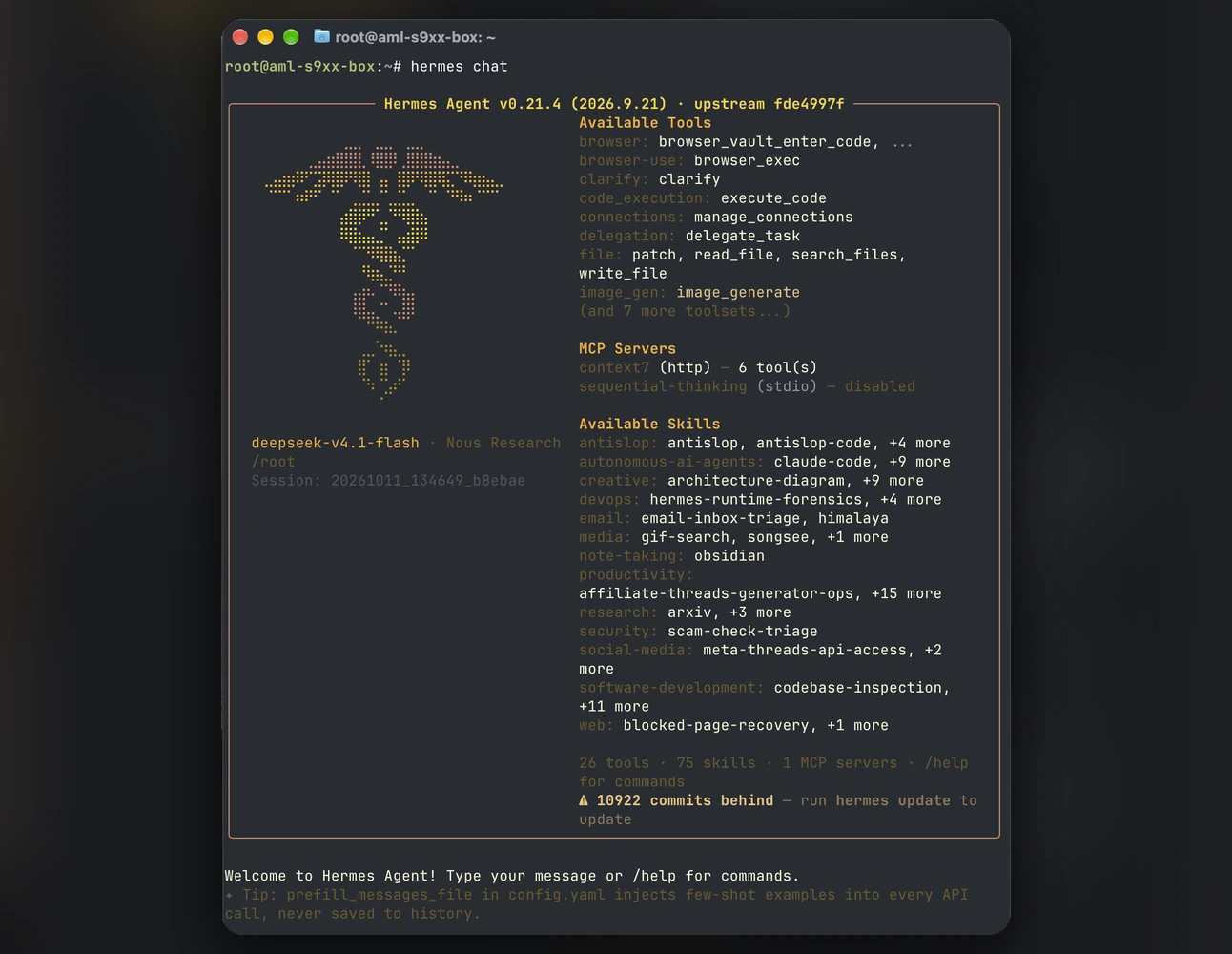 Hermes Agent listing the affiliate-threads-generator skill, its tools, and the loaded MCP servers