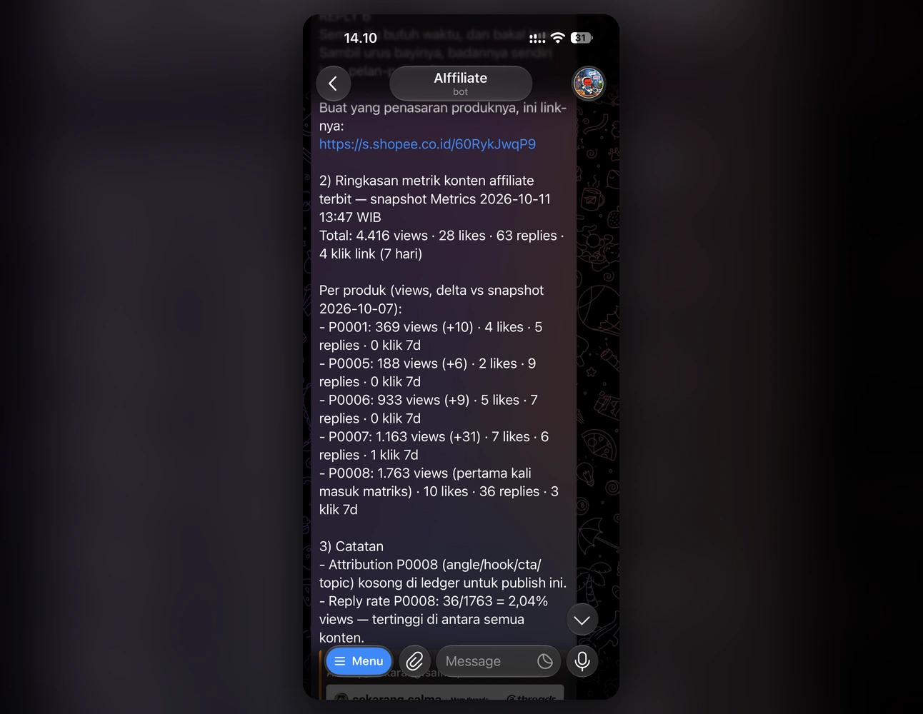 Affiliate Threads Generator returning a generated thread and its engagement metrics through the Telegram bot