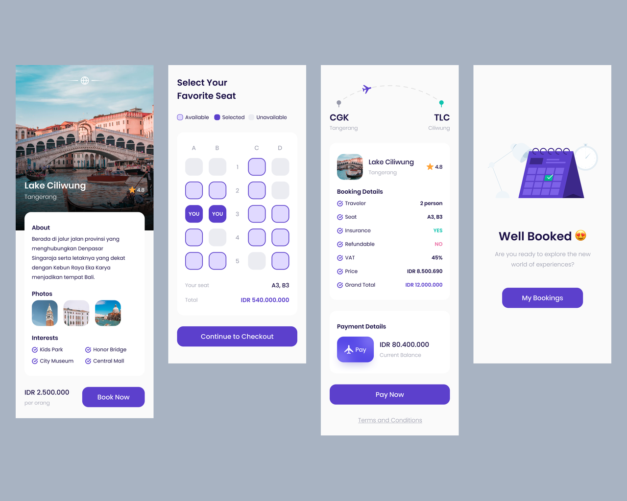 Airplane destination detail, seat selection and checkout screens