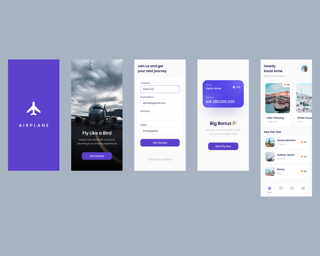 Airplane sign-in, sign-up and destination screens