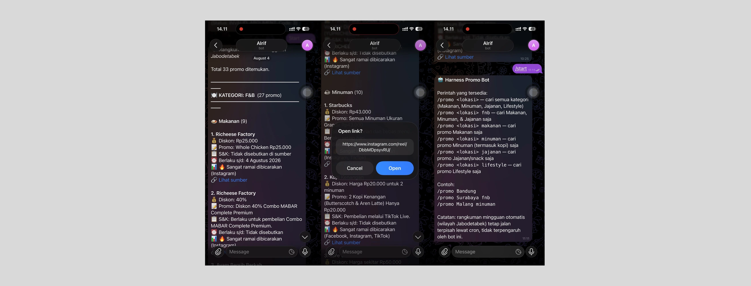 Hermes Promo Search sending a weekly promotion summary and answering an on-demand search in Telegram